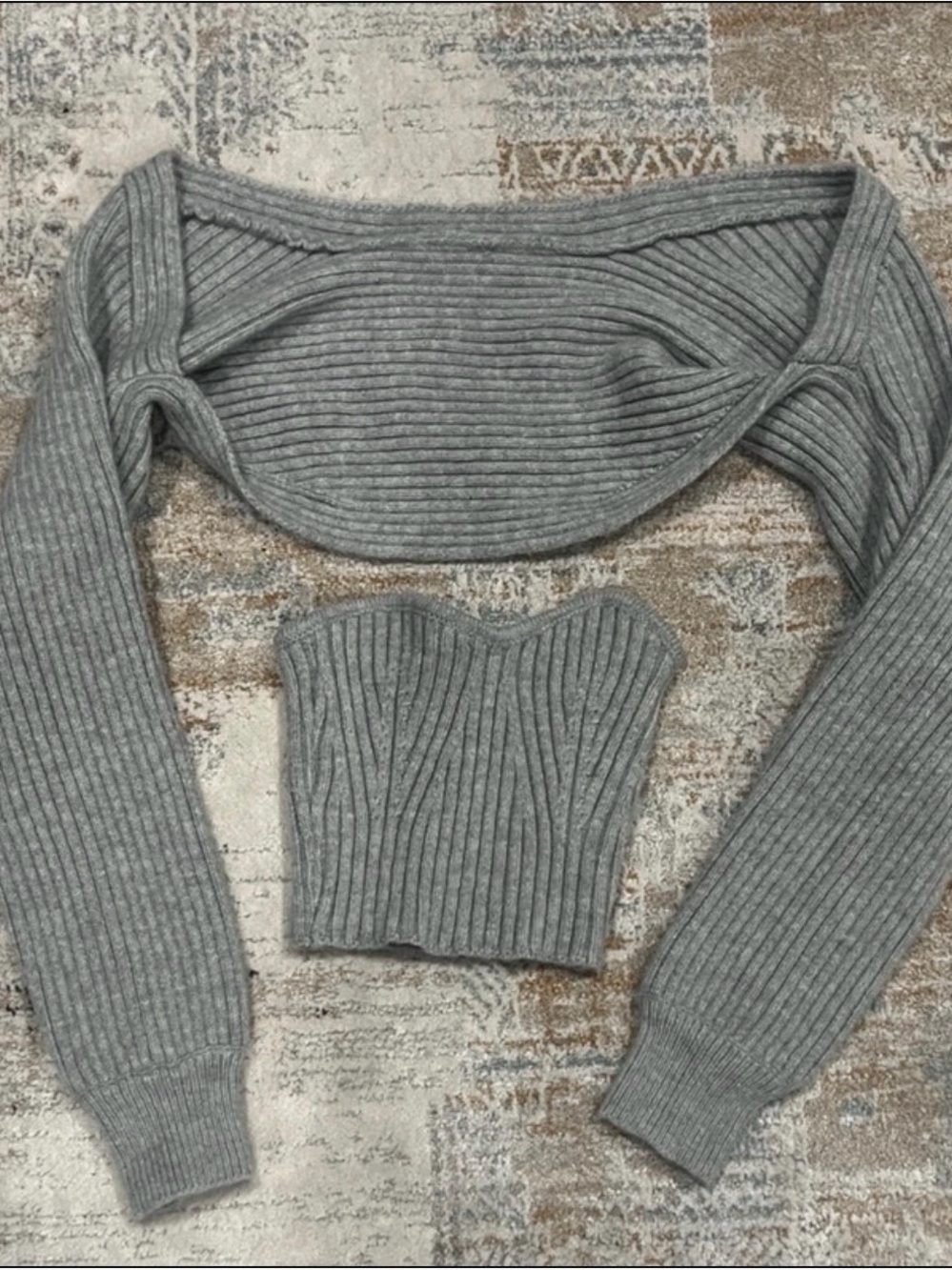 ‼️ Ribbed Off-Shoulder Sleeve & Corset Knit Set - Gray ‼️